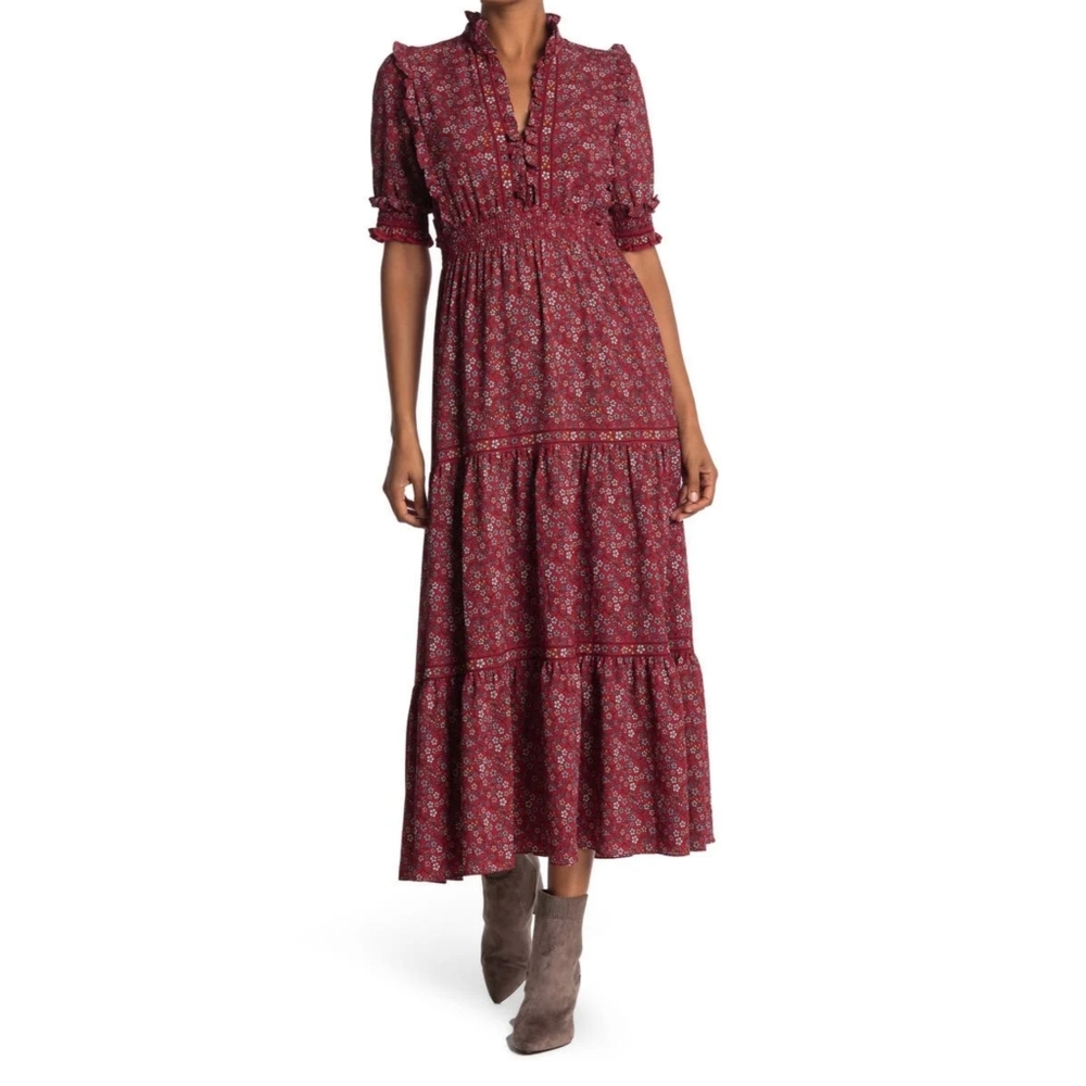 Max Studio Floral Print Short Sleeve Smocked Maxi Dress Size Large